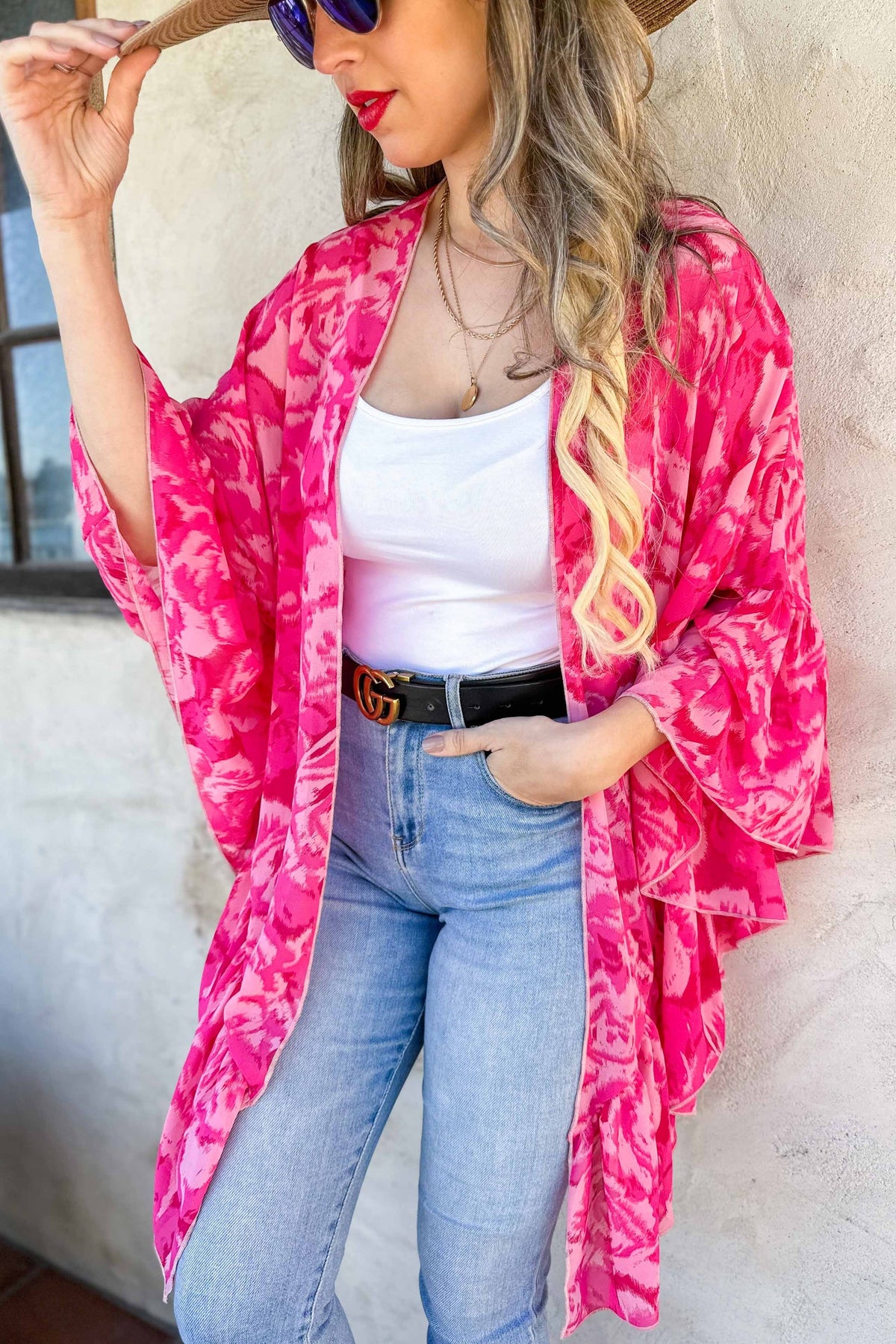 Pink Floral Chiffon Kimono